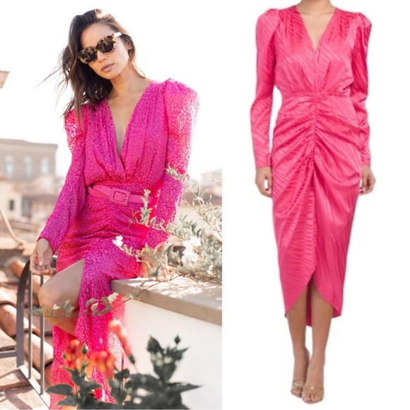 Ronny Kobo | Astrid Ruched Puffed Sleeve Midi Dress In Pink Tulip Size XS NWT - Picture 1 of 8